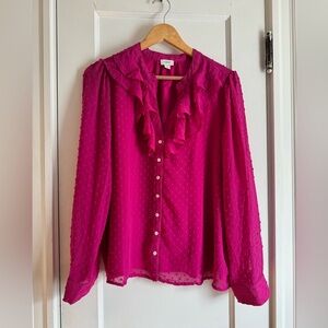 J. Crew Fuchsia Ruffle Button-Up Blouse